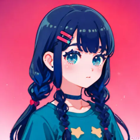 flatflower, 1girl, solo, hair ornament, pink background, braid, hairclip, long hair, twin braids, star (symbol), blue hair, shirt, blue eyes, blush, bangs, looking at viewer, green shirt, choker, heart, upper body,  aqua shirt, heart hair ornament, simple background, portrait, twintails, gradient background, gradient <lora:flatflower-loha-000009:0.7>