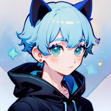 flatflower, solo, 1boy, animal ears, male focus, cat ears, white hair, hood, hoodie, short hair, upper body, looking at viewer, bangs, blue background, star (symbol), aqua eyes, jewelry, hood down, triangle, green eyes, earrings, signature, blush <lora:flatflower-loha-000009:0.7>