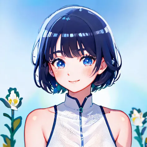 flatflower, 1girl, solo, flower, bangs, blue background, blue eyes, white flower, white hair, gradient, gradient background, sparkle, looking at viewer,  blush, upper body, smile, short hair, portrait, bare shoulders <lora:flatflower-loha-000009:0.75>