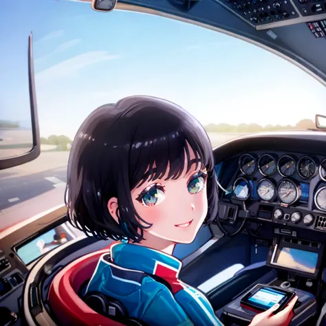 1girl, <lyco:[LoHa] Hanaya è±å±  ã¯ãªã Concept:0.8>,  flatflower, pilot_suit, sitting in a cockpit, sparking_eyes, short_hair, bob_cut, <lora:AutoSoftener:0.3> , smile, happy