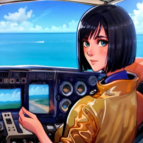 1girl, <lyco:[LoHa] Hanaya è±å±  ã¯ãªã Concept:0.8>,  flatflower, pilot_suit, sitting in a cockpit, sparking_eyes, short_hair, bob_cut, <lora:AutoSoftener:0.3>  <lyco:kaspi:0.6>