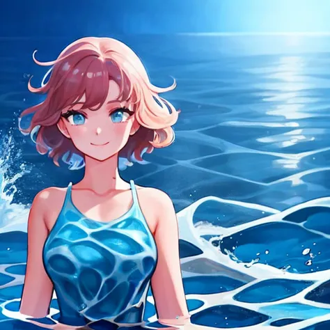 1girl, upper body, waves, ripples, short hair, partially submerged, seductive smile, 
 <lyco:cr4sh1ngw4v3s:0.77> cr4sh1ngw4v3s,  dress made of waves  <lyco:[LoHa] Hanaya è±å±  ã¯ãªã Concept:0.8> , <lora:LiquidClothesV2:0.4> liquid clothes, water,