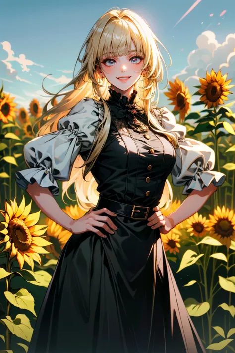 ((ultra detailed, masterpiece, absurdres))
 <lora:TKLili:0.8>
TKLili, 1girl, blonde hair, long hair, blunt bangs, surrounded by sunflowers in a bright field, smiling, with hands on hips