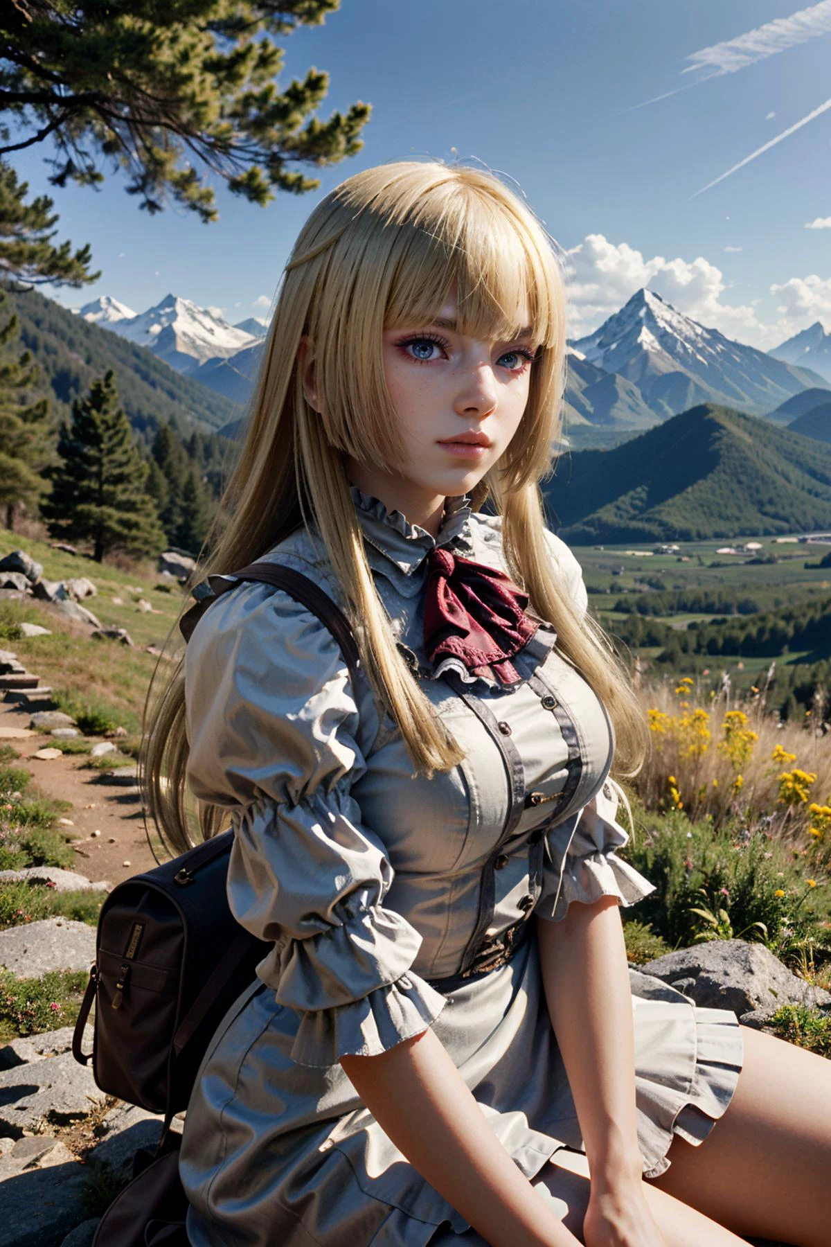 ((ultra detailed, masterpiece, absurdres))
<lora:TKLili:0.8>
TKLili, 1girl, blonde hair, long hair, blunt bangs, mountain trail, midday, clear and crisp light illuminating the landscape