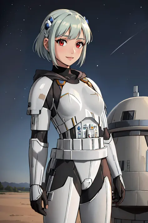 (masterpiece, best quality:1.2), solo, 1girl, mhEna, smile, looking at viewer, hair ornament, red eyes, StormTrooper, armor <lora:mhena-nvwls-v1:0.8>v1:0.8> <lora:CONCEPT-StormTrooper:1>
