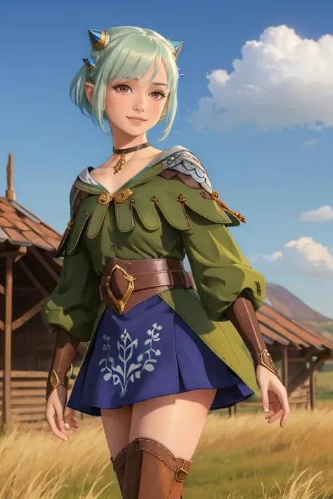 masterpiece, best quality, <lora:mhena-nvwls-v1-000010:0.9> mhEna, red eyes, hair ornament, choker, green tunic, belt, blue skirt, bridal gauntlets, looking at viewer, standing, leaning forward, sky, village, smile, boots, from below