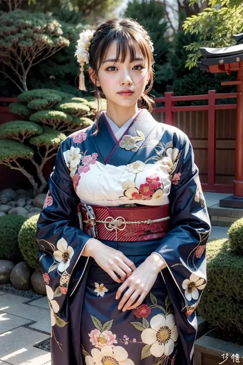 (realistic:1.3), finely detailed, quality, rembrandt lighting, (masterpiece:1.2), (photorealistic:1.2), (best quality), (detailed skin:1.3), (intricate details), dramatic, ray tracing, 1girl, japanese girl, 21 years old, detailed skin texture, (blush:0.5), (goosebumps:0.5), subsurface scattering, smiling, medium breasts, updo hair, bangs, hair between eyes, hair ornament, furisode, cowboy shot, (bright sunny day, outdoors, japanese garden, trees, stones, bushes, sky), <lora:furisode:1>