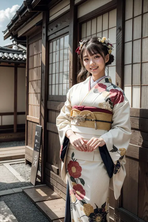 (realistic:1.3), finely detailed, quality, rembrandt lighting, (masterpiece:1.2), (photorealistic:1.2), (best quality), (detailed skin:1.3), (intricate details), dramatic, ray tracing, 1girl, japanese girl, 21 years old, detailed skin texture, (blush:0.5), (goosebumps:0.5), subsurface scattering, smiling, medium breasts, updo hair, bangs, hair between eyes, hair ornament, furisode, cowboy shot, (bright sunny day, classical japanese wooden houses, kyoto, sky, footpath, slope, sky), <lora:furisode:1>
