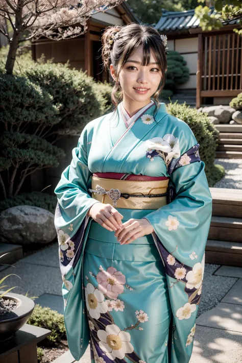 (realistic:1.3), finely detailed, quality, rembrandt lighting, (masterpiece:1.2), (photorealistic:1.2), (best quality), (detailed skin:1.3), (intricate details), dramatic, ray tracing, 1girl, japanese girl, 21 years old, detailed skin texture, (blush:0.5), (goosebumps:0.5), subsurface scattering, smiling, medium breasts, updo hair, bangs, hair between eyes, hair ornament, furisode, cowboy shot, (bright sunny day, outdoors, japanese garden, trees, stones, bushes, sky), <lora:furisode:1>