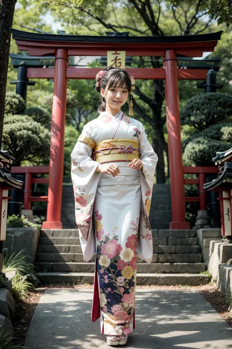(realistic:1.3), finely detailed, quality, rembrandt lighting, (masterpiece:1.2), (photorealistic:1.2), (best quality), (detailed skin:1.3), (intricate details), dramatic, ray tracing, 1girl, japanese girl, 21 years old, detailed skin texture, (blush:0.5), (goosebumps:0.5), subsurface scattering, smiling, medium breasts, updo hair, bangs, hair between eyes, hair ornament, furisode, cowboy shot, (bright sunny day, torii gate, japanese shrine, stairs, trees), <lora:furisode:1>