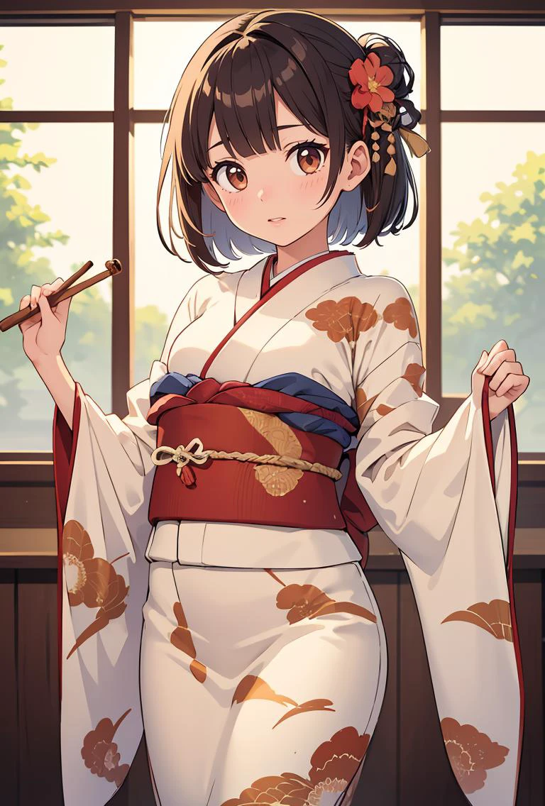 (masterpiece, best quality), 1girl, Cinnamon Textured Lob with Wispy Bangs, small breasts, <lora:furisode_v01e5:0.8> furisode