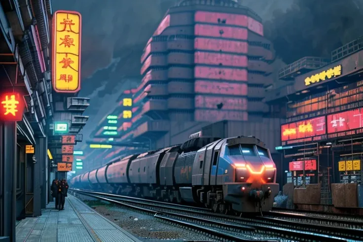 cyberpunk locomotive on railroad through cyberpunk industrial site. cyberpunk factories. cyberpunk kowloon. rail tracks. cyberpunk industrial area. Digital render. digital painting. Beeple. Noah Bradley. Cyril Roland. Ross Tran. trending on artstation, high details, octane render, neon lights <lora:wongKarWaiStyle_wongKarWaiV10:1>