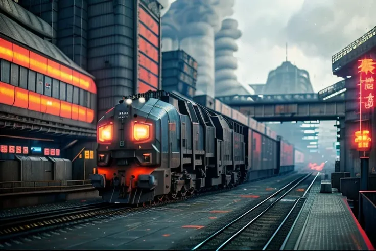 cyberpunk locomotive on railroad through cyberpunk industrial site. cyberpunk factories. cyberpunk kowloon. rail tracks. cyberpunk industrial area. Digital render. digital painting. Beeple. Noah Bradley. Cyril Roland. Ross Tran. trending on artstation, high details, octane render, neon lights <lora:wongKarWaiStyle_wongKarWaiV10:1>