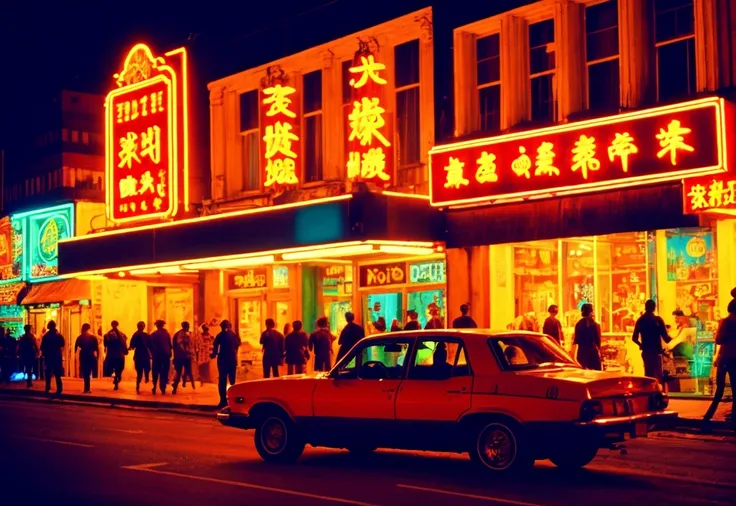 masterpiece, best quality,film grain, high saturation,realistic, scenery, city,night,neon lights,neon trim,