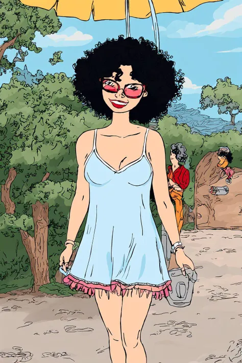 best quality, masterpiece, sharp focus, high resolution, ultra-detailed, 8k, 1girl, solo, wonderfully detailed full body illustration of beautiful woman wearing a white sundress, short curly hair, light blue hair, outside, daytime, sunlight