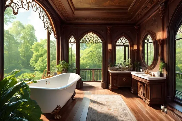 (Professional 3D rendering:1.3) of (Ultrarealistic:1.3) magicalinterior style, bathroom, bathing room, plant, scenery, window, tree, nature, bathtub, forest, mirror, bath, faucet, water, house interior, indoors, cottage interior, treehouse interior, dark, gothic, Goth, luxury, fantasy, magic, Harry Potter, Slytherin, perfect composition, award-winning,CGSociety,ArtStation