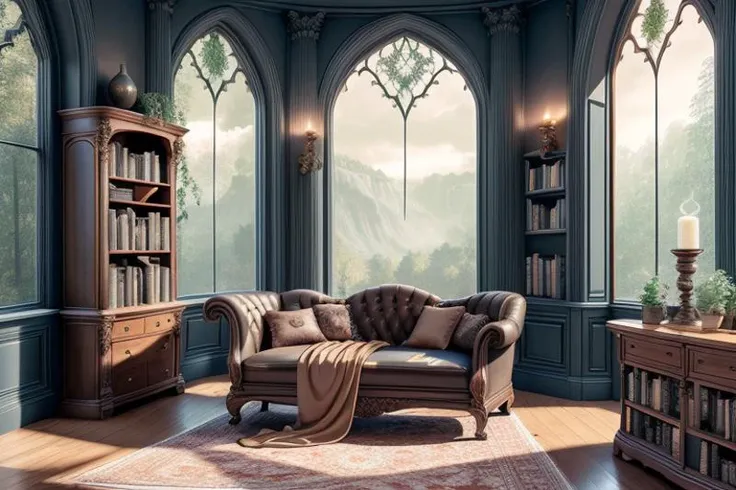 (Imaginative Professional 3D rendering:1.3) of magicalinterior style, library, no scenery, books, bookshelf, window, plant, tree, lamp, table, candle, flower, chair, house interior, indoors, cottage interior, treehouse interior, dark, gothic, Goth, luxury, fantasy, magic, Harry Potter, Slytherin, perfect composition, award-winning,,CGSociety,ArtStation