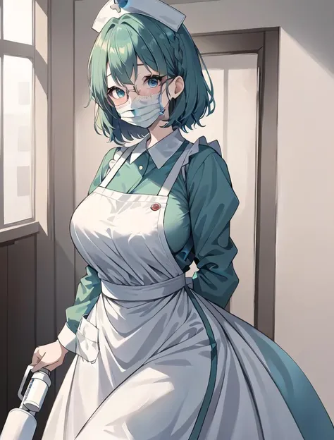 ((masterpiece, best quality, high quality)),1girl, (lower body, hospital), <lora:Long Nurse Apron 2:0.7> (nurse_long_apron, apron, mask, nurse cap, surgical mask, nurse, long sleeves, latex gloves,long dress), <lora:Sachie Uchiyama:0.7> (Sachie Uchiyama, 3dcg 11, 1girl, short hair, large breasts, hair between eyes, glasses, single braid, aqua_eyes, aqua_hair, pale_skin, pale-skinned female, bob cut, big hair),