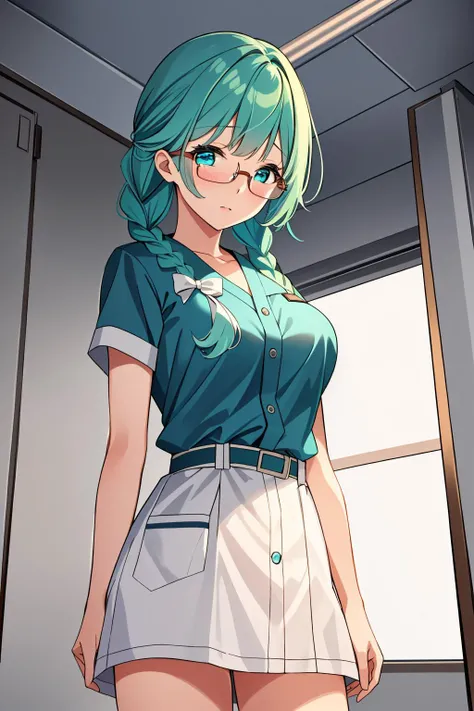 ((masterpiece, best quality, high quality)),1girl, (hospital), <lora:infirmary_v0.1:0.5> infirmary, <lora:Classic Nurse Old V2:0.8> (nurse_old_style_01, apron, nurse cap, short sleeves, striped dress, puffy sleeves, vertical stripes, nurse, white apron, puffy short sleeves, pantyhose), <lora:Sachie Uchiyama:0.7> (sachie uchiyama, 3dcg_11, 1girl, solo, breasts, bangs, braid, glasses, aqua hair, aqua eyes),