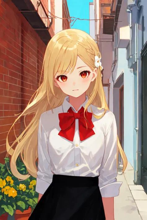 girl, long blonde hair, brown eye, white shirt, in alley, blue sky, flower pot,looking at viewer, black skirt, red bowtie