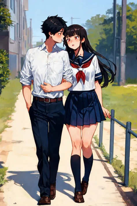 (boy and girl:1.1),classmates, podium, depth of field, serafuku, slit pupils, kissing, mature female, walking, school uniform, hug, Height difference