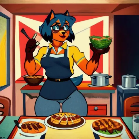 uploaded to e621,michiru,female,anthro,slim body,thick thighs,tail,[mexican dress blouse],jeans shorts,mexican street food,street,griddle,tall body,perfect eyes,sweating body,cooking,lips,Soviet propaganda, cubism, abstract, surreal,solo,ears
<lora:Soviet_propaganda:1> <lora:cubism:0.7> <lora:MichiruTestNAI:1>