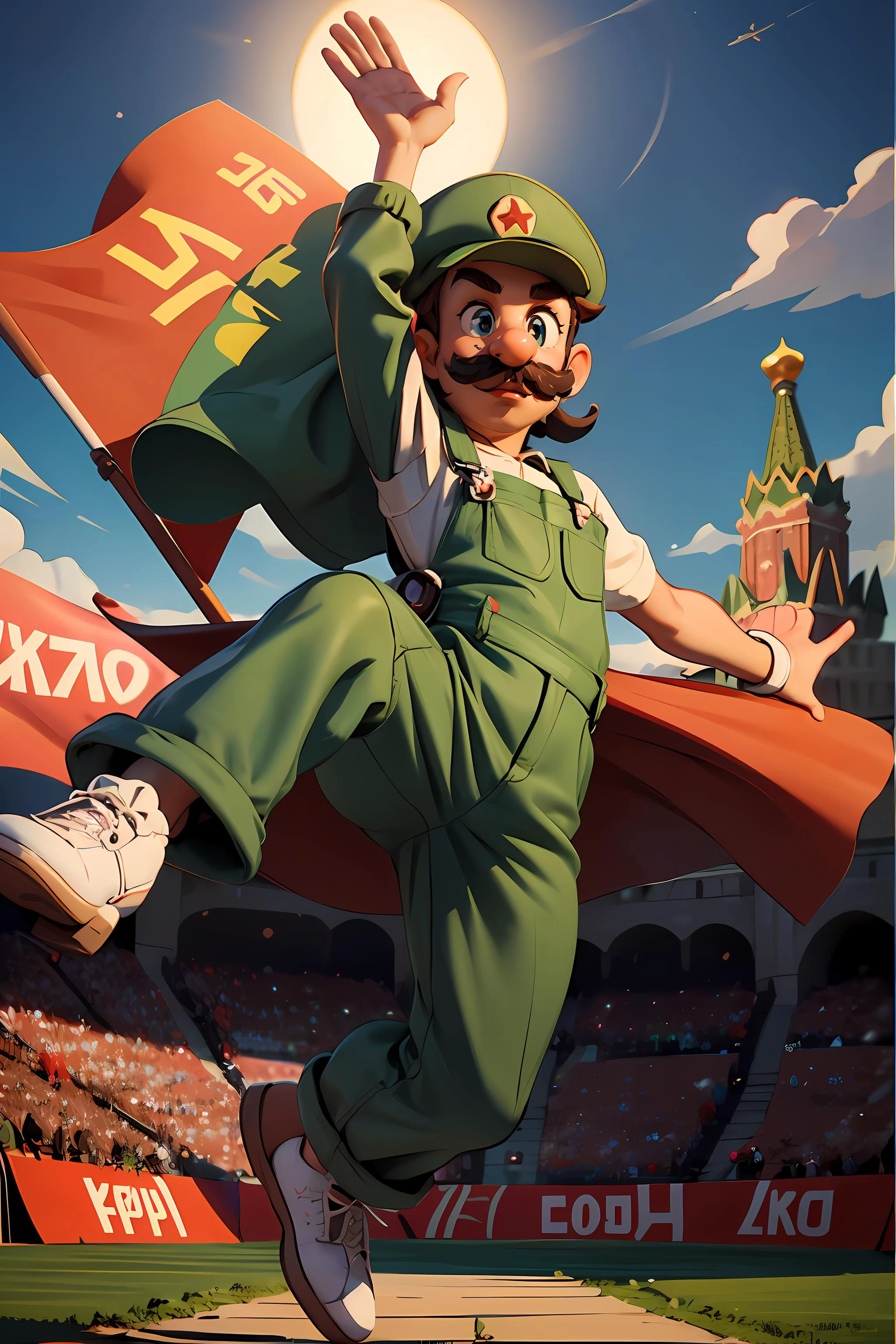 pixar style render of a soviet propaganda poster, caricature, full body shot of Luigi, jumping in front of a crowd, soviet flag, lora:Luigi:0.9>, mustache, short hair,
wearing green overalls, wearing luigi hat, soviet russian moscow city, kremlin, (masterpiece) (best quality) (detailed) (8k) (cinematic lighting) (sharp focus) (intricate)
<lora:Soviet_propaganda:0.5>