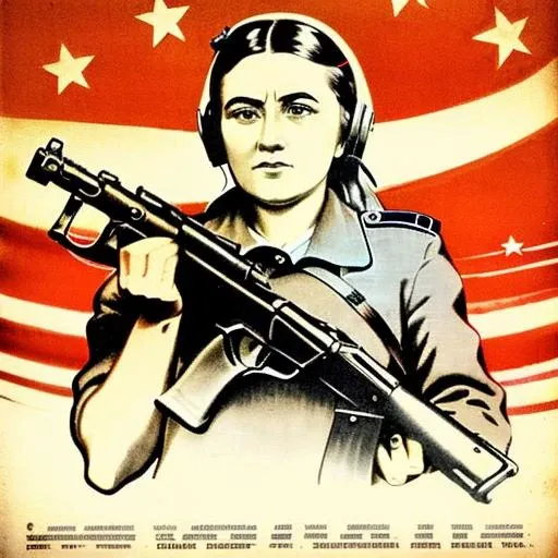 <lora:Soviet_propaganda-11:1> Soviet propaganda, woman holding a gun