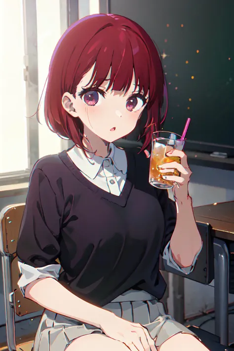 masterpiece, 1girl, solo, kana_arima\(oshinoko\),classroom, sitting, drink,soda,