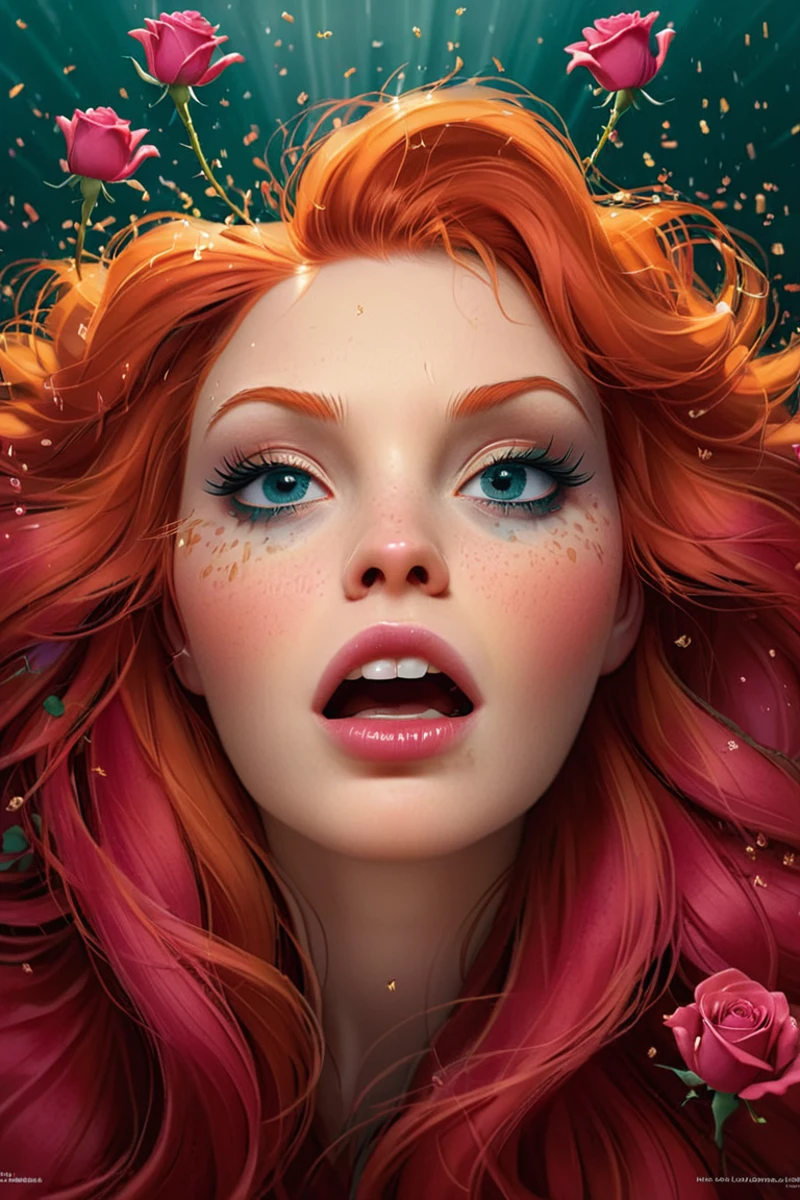 <lora:Anna_Dittmann_Style_XL:0.7> <lora:Tom_Whalen_XL:0.8> <lora:orgasmface_SDXL:0.75> art by Anna Dittmann , masterpiece poster by tom whalen, orgasmface, bold, wide angle, very emotional, by Anna Dittmann, ("American beauty" movie poster :1.5), (epic chaos of red hair stshpo), (widely open eyes, dark teal irises), BREAK, bed of roses, swarm of tiny roses flying like sparks, sharp focus, bleach bypass contrast, best quality, inspired by Stefan Gesell photo, inspired by john Wilhelm