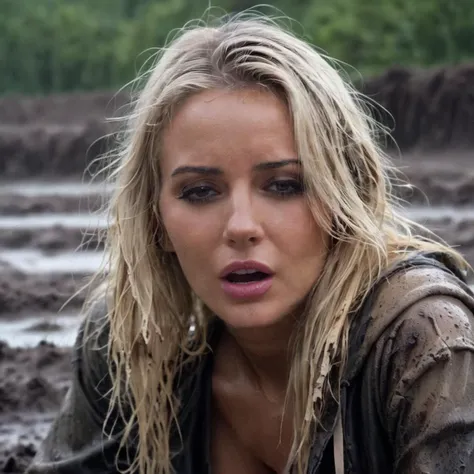 a photo of a bombshell blonde woman, orgasmface, wearing tattered clothes, ripped clothes, torn, soaking wet, tattered, post apocalyptic scene, dirty, muddy, cinematic <lora:orgasmface_SDXL:0.9>