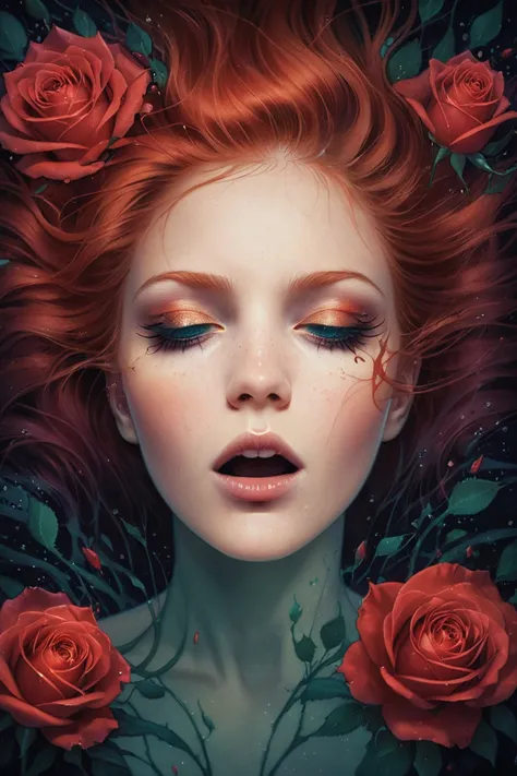 art by Anna Dittmann, masterpiece poster by tom whalen, orgasmface, mid-shot, very emotional, ("American beauty" film poster:1.5), (beautiful nuke   of red hair), stshpossko, (widely open eyes:1.6), dark teal irises, bed of roses, (roses petals surreal explosion),  BREAK, sharp focus, bleach bypass contrast, best quality, inspired by ( Stefan Gesell | john Wilhelm )  <lora:Anna_Dittmann_Style_XL:0.75> <lora:Tom_Whalen_XL:0.7> <lora:orgasmface_SDXL:0.6>