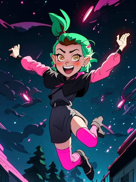 masterpiece, best quality, AmityS1, 1girl, solo, green hair, yellow eyes, short ponytail,  absurdres, earrings,  black capelet, grey dress, pink sleeves, long sleeves, blush, looking at viewer, pink legwear, jumping, night, night sky, open arms, open mouth, smile, black footwear, neon lights, <lora:AmityTOH:1>