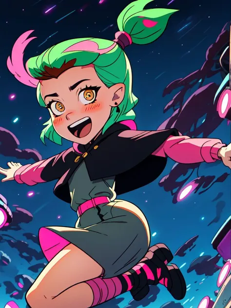 masterpiece, best quality, AmityS1, 1girl, solo, green hair, yellow eyes, short ponytail,  absurdres, earrings,  black capelet, grey dress, pink sleeves, long sleeves, blush, looking at viewer, pink legwear, jumping, night, night sky, open arms, open mouth, smile, black footwear, neon lights, <lora:AmityTOH:1>