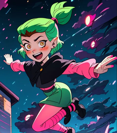 masterpiece, best quality, AmityS1, 1girl, solo, green hair, yellow eyes, short ponytail,  absurdres, earrings,  black capelet, grey dress, pink sleeves, long sleeves, blush, looking at viewer, pink legwear, jumping, night, night sky, open arms, open mouth, smile, black footwear, neon lights, <lora:AmityTOH:1>