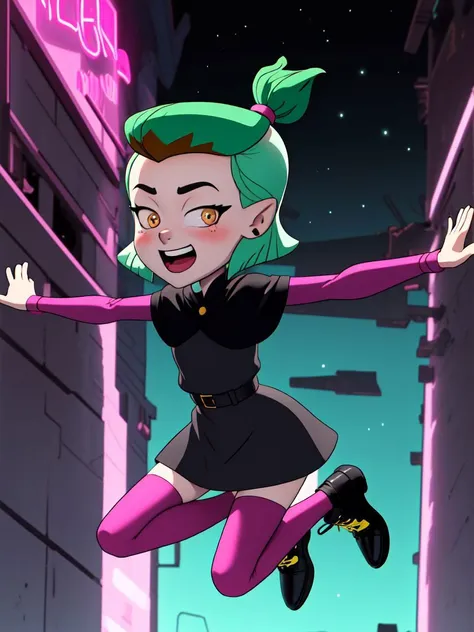 masterpiece, best quality, AmityS1, 1girl, solo, green hair, yellow eyes, short ponytail,  absurdres, earrings,  black capelet, grey dress, pink sleeves, long sleeves, blush, looking at viewer, pink legwear, jumping, night, night sky, open arms, open mouth, smile, black footwear, neon lights, <lora:AmityTOH:1>