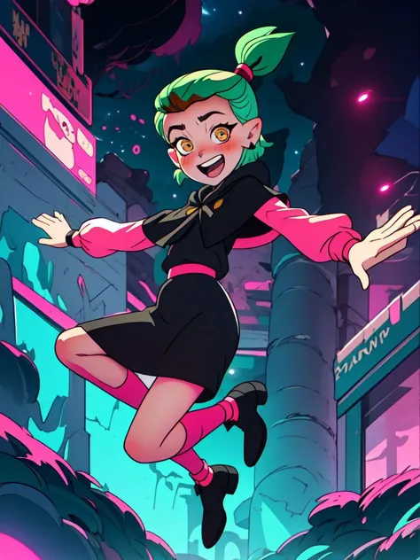 masterpiece, best quality, AmityS1, 1girl, solo, green hair, yellow eyes, short ponytail,  absurdres, earrings,  black capelet, grey dress, pink sleeves, long sleeves, blush, looking at viewer, pink legwear, jumping, night, night sky, open arms, open mouth, smile, black footwear, neon lights, <lora:AmityTOH:1>