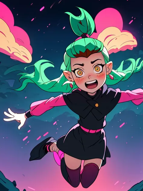 masterpiece, best quality, AmityS1, 1girl, solo, green hair, yellow eyes, short ponytail,  absurdres, earrings,  black capelet, grey dress, pink sleeves, long sleeves, blush, looking at viewer, pink legwear, jumping, night, night sky, open arms, open mouth, smile, black footwear, neon lights, <lora:AmityTOH:1>