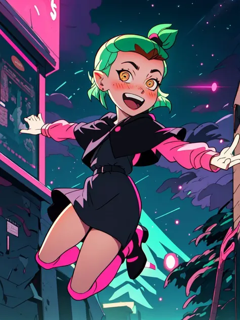 masterpiece, best quality, AmityS1, 1girl, solo, green hair, yellow eyes, short ponytail,  absurdres, earrings,  black capelet, grey dress, pink sleeves, long sleeves, blush, looking at viewer, pink legwear, jumping, night, night sky, open arms, open mouth, smile, black footwear, neon lights, <lora:AmityTOH:1>