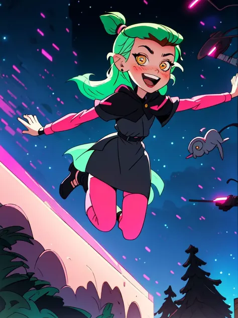 masterpiece, best quality, AmityS1, 1girl, solo, green hair, yellow eyes, short ponytail,  absurdres, earrings,  black capelet, grey dress, pink sleeves, long sleeves, blush, looking at viewer, pink legwear, jumping, night, night sky, open arms, open mouth, smile, black footwear, neon lights, <lora:AmityTOH:1>