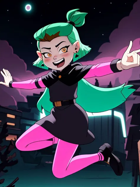 masterpiece, best quality, AmityS1, 1girl, solo, green hair, yellow eyes, short ponytail,  absurdres, earrings,  black capelet, grey dress, pink sleeves, long sleeves, blush, looking at viewer, pink legwear, jumping, night, night sky, open arms, open mouth, smile, black footwear, neon lights, <lora:AmityTOH:1>