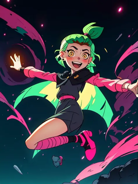 masterpiece, best quality, AmityS1, 1girl, solo, green hair, yellow eyes, short ponytail,  absurdres, earrings,  black capelet, grey dress, pink sleeves, long sleeves, blush, looking at viewer, pink legwear, jumping, night, night sky, open arms, open mouth, smile, black footwear, neon lights, <lora:AmityTOH:1>