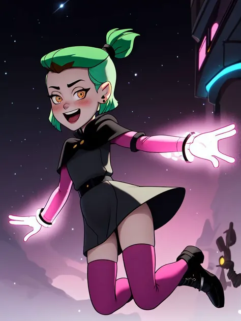 masterpiece, best quality, AmityS1, 1girl, solo, green hair, yellow eyes, short ponytail, absurdres, earrings, black capelet, grey dress, pink sleeves, long sleeves, blush, looking at viewer, pink legwear, jumping, night, night sky, open arms, open mouth, smile, black footwear, neon lights, <lora:AmityTOH:1>