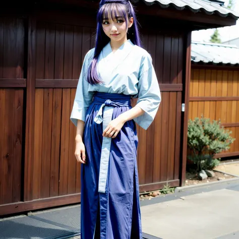 <lora:YumikoShiraishi001:0.6>,<lora:add_detail:0.5>,<lora:noline:0.3>,<lora:boldline:-0.3>,
YumikoShiraishi,1girl,purple hair,long hair,red eyes,
solo,
hairband,
japanese clothes,
hakama,
full body,standing,