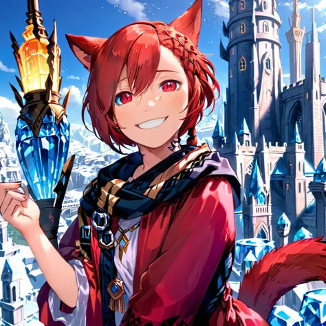 Graha Tia citing on top of a tower made out of shining blue crystal, very detailed, highest quality, red outfit, red cat tail, smiling, happy, relaxing, masterpiece, detailed eyes, detailed skin, detailed face   <lora:graha-tia-v1:1> <lora:DetailedEyes_V3:1>