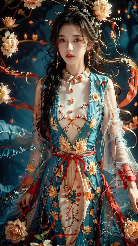masterpiece,ultra high res,realistic,finely detail,extremely detailed,1girl,single braid,clonde hair,looking at viewer,pure color background,breasts,film grain,film overlay,morning glow,pastel sky,cool tones,sun rays,soft light,dress,( large snow lotus flower) , beautiful blue eyes, beautiful 20 year old girl, heart shaped lips, white skin, slim face,big breasts, sexy body<lora:xuer Fairy in Clouds_20240123212729:1> <lora:Lace_Cheongsam_By_Stable_Yogi:1>