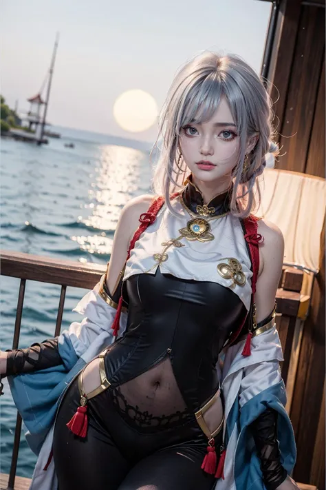 masterpiece, best quality, photorealistic,raw photo, shenhe \(genshin impact\), 1girl,solo,see-through,looking at viewer,outdoors,(upper body:1.2), very long hair, One-piece tights, outdoors, sunset,sea