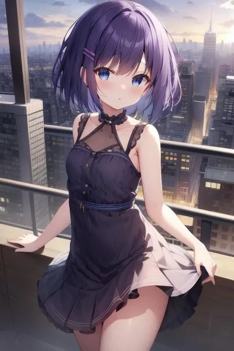 masterpiece, best quality, highres, 1girl, solo, short hair, pleated dress, blue eyes, purple hair, cityscape, <lora:Fuiba_Fuyu:1>
