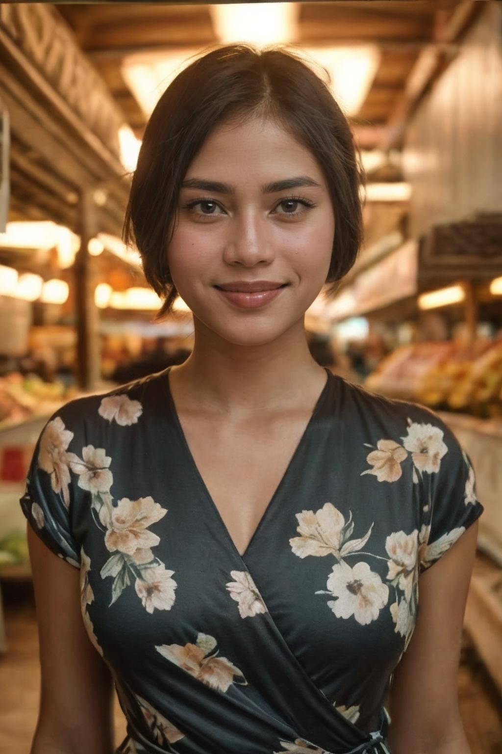 A close up of a woman in a floral dress in a market 