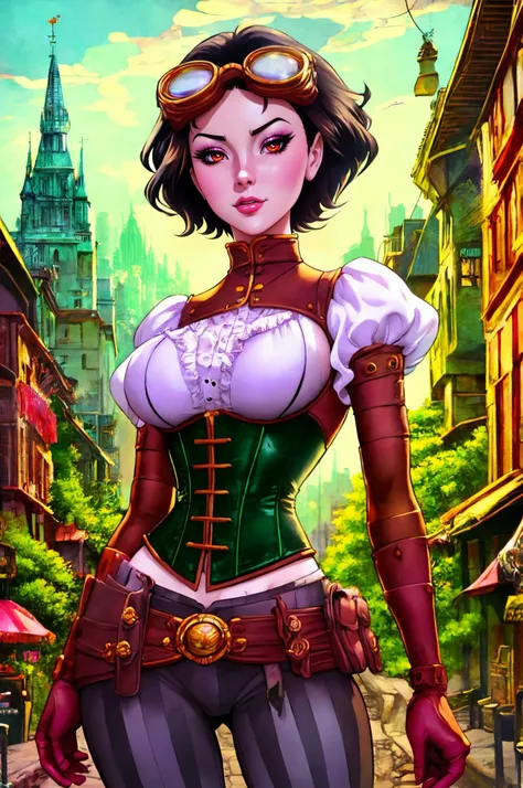 LADYM, RED EYES, BLACK SCLERA, BLACK HAIR, RED LIPS, GOGGLES ON HEAD, PANTS, CORSET, SHORT HAIR, GLOVES, DETACHED SLEEVES,  closeup,
seviechan style,  abbe bi style, midjourney style, sassy style, city in background,
line art, cartoon, animation,[riley reid|lana rhoades], 
perfect hands,
floating hair, 
standing, upper body,
(dynamic colors), (random colors), well defined fingers,
highly insanely detailed, masterpiece, top quality, best quality, highres, 4k, 8k, RAW photo, 
 <lora:LadyM_v02:0.85>